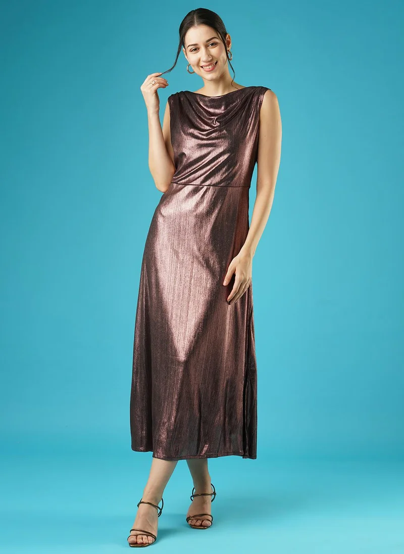 globus Globus Women Shiny Cowl Neck Side Slit Knitted A-Line Midi Party Dress